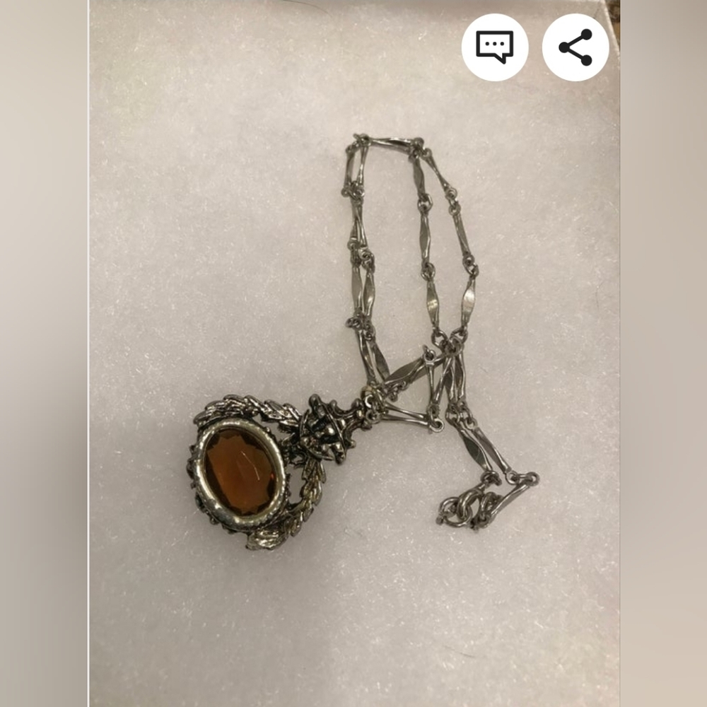 Vintage Gothic Like Necklace with Amber "Stone", Silver Toned Chain - Picture 2 of 6